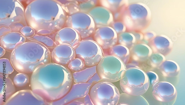 Fototapeta Abstract shiny iridescent glass spheres and bubbles float against a colorful background with a vibrant pink and blue reflection