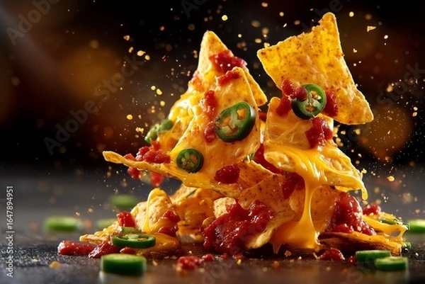 Fototapeta Food levitation. Plate of crispy nachos topped with melted cheese and jalapeños, served with a side of spicy salsa sauce. Concept of Mexican cuisine, snack food, and casual dining.