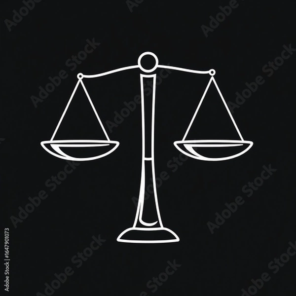 Fototapeta Minimal line art scales of justice on black background symbolizing law and equality with copy space