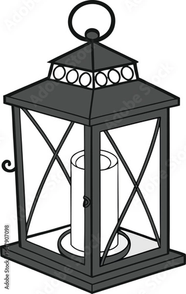 Fototapeta Antique metal lantern with glass panes and a handle, isolated on a white background