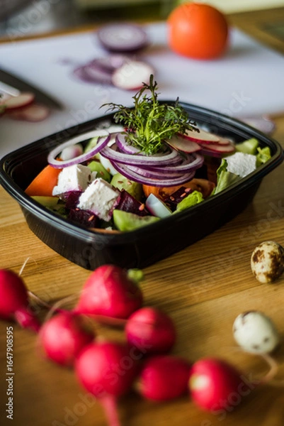 Obraz Healthy vegetable salad with tomatoes, peppers, cucumbers, onion and cheese.