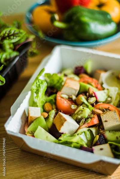 Obraz Healthy vegetable salad with tomatoes, peppers, cucumbers, onion and cheese.