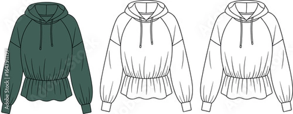 Fototapeta cad drawing of hooded sweatshirt, flat vector illustration, raglan sleeves, drawstring hood, ribbed cuffs, elastic hem, apparel template, fashion garment sketch