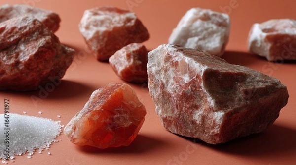 Fototapeta Close-up of Himalayan salt rocks arranged on soft coral background for natural product concept