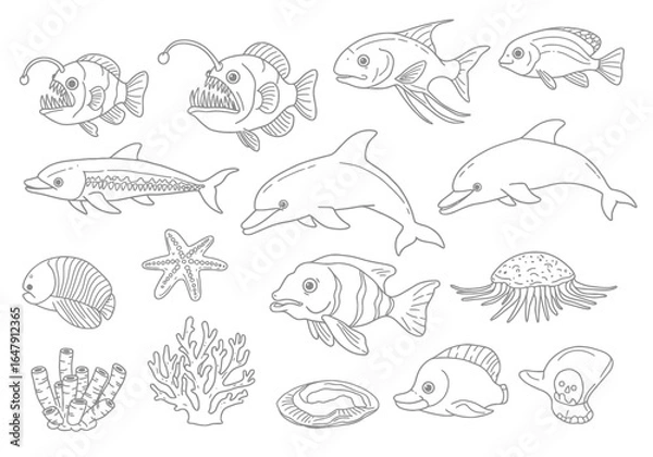Obraz A Whimsical Collection of Aquatic Creatures and Ocean Life Depicted in a Charming Sketch Style Illustrating the Diversity of Marine Biodiversity