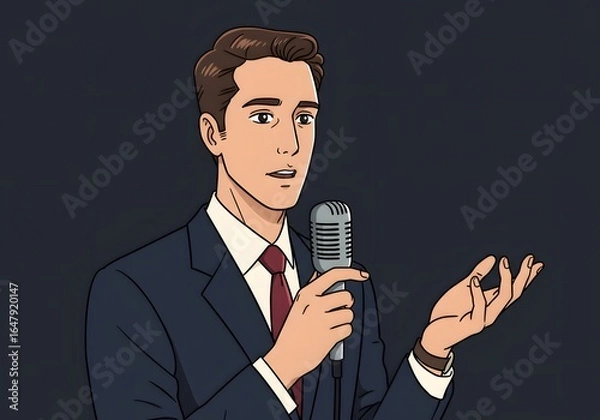 Fototapeta Confident male presenter in a sharp suit delivering an engaging speech with a classic microphone, perfect for business communications and media events