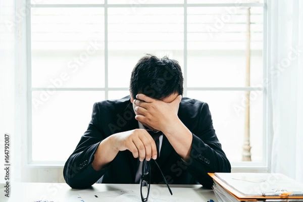Fototapeta A stressed out business man holds his head in despair as he fears that he will have to file for bankruptcy or go into liquidation