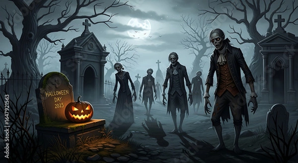 Obraz Spooky halloween scene with zombies in a cemetery