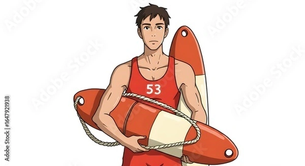 Fototapeta Lifeguard Portrait with Rescue Buoy and Surfboard Ready for Beach Safety