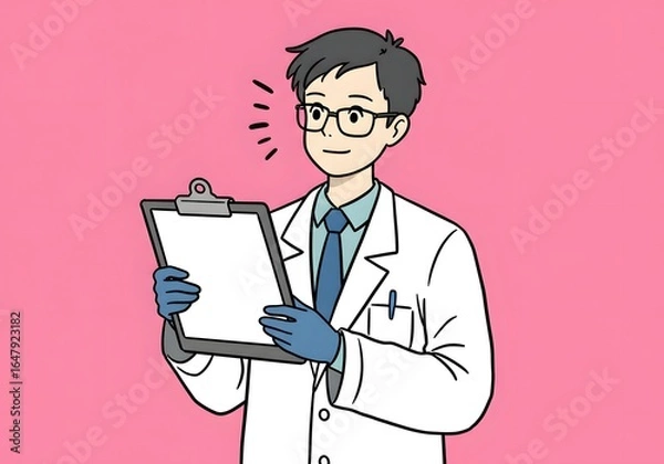 Fototapeta Illustration of a smiling scientist in a lab coat holding a clipboard and wearing blue gloves, in front of a pink background