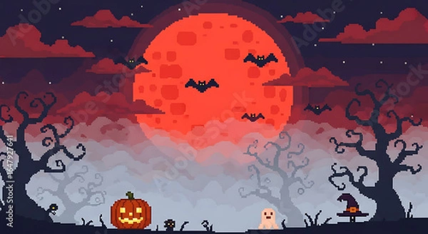 Obraz Pixel art halloween scene with red moon, bats, pumpkin, ghost, and witch hat