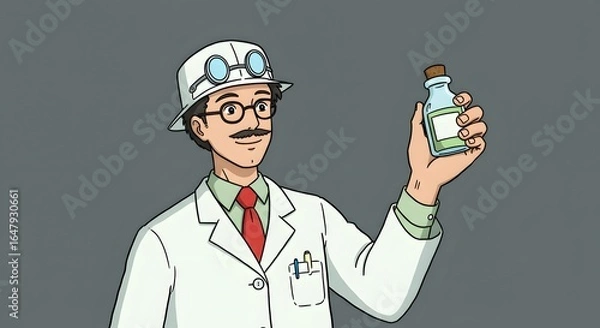Fototapeta Scientist holding a small glass bottle with a light liquid in a white lab coat and goggles
