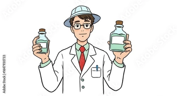 Fototapeta Professional male scientist showcasing two different blue liquid samples in glass bottles, prepared for experimentation or careful chemical investigation and study