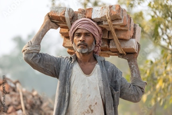 Fototapeta Hardworking Indian laborer transporting a heavy load of bricks in rural area during daylight