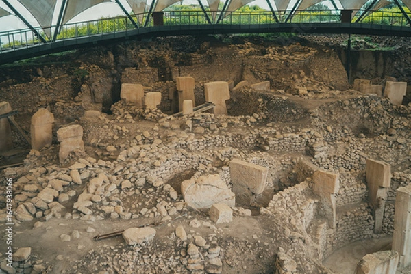 Fototapeta Gobeklitepe archaeological site in Sanliurfa, Turkey, showcasing ancient pillars, historic structures, and cultural heritage.