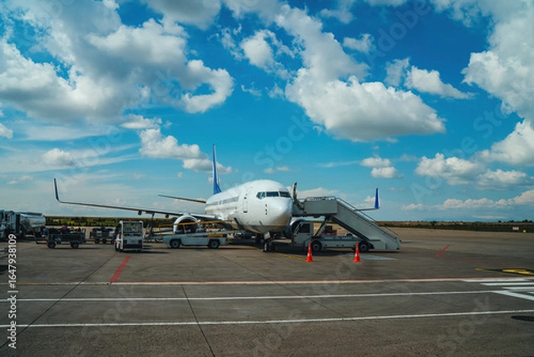 Fototapeta Airplane at an airport, ready for takeoff, with modern terminals, runways, and aviation activity in the background.