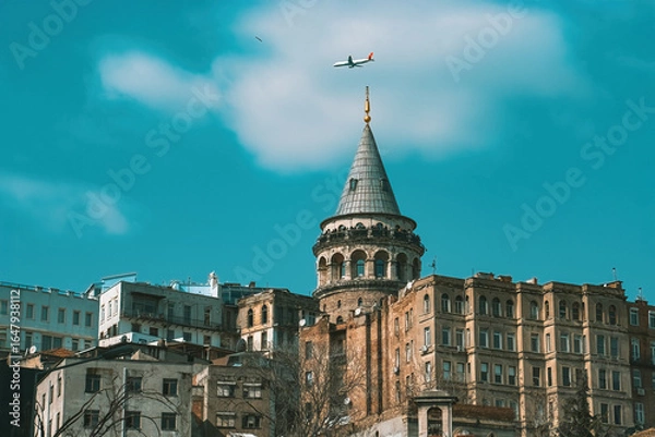 Fototapeta Galata Tower in Istanbul, Turkey, with airplane passing overhead, highlighting historic architecture and vibrant cityscape.