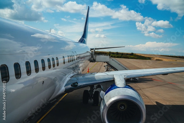 Fototapeta Airplane at an airport, ready for takeoff, with modern terminals, runways, and aviation activity in the background.