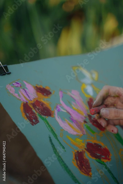 Obraz Drawing irises from nature in the botanical garden.