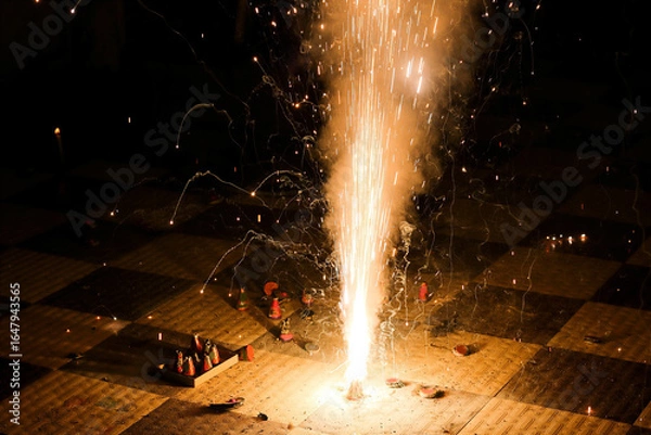 Fototapeta creating a fountain of sparks that illuminate the darkness of Diwali Fireworks. fireworks Diwali carnival image photo. the festival of lights. illuminating colourful sparks and flames on diwali