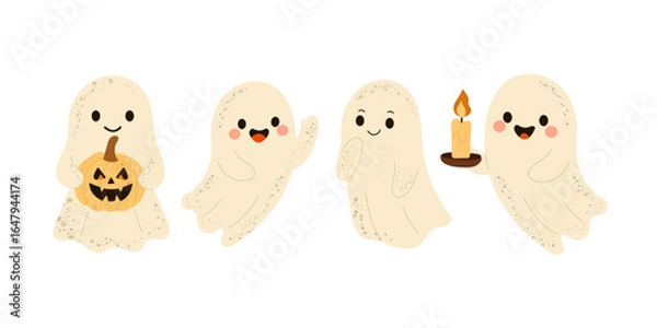 Fototapeta Cute ghost characters set — adorable Halloween vector collection featuring four smiling ghosts in different poses, holding a pumpkin lantern, waving, hiding shyly, and carrying a lit candle. 