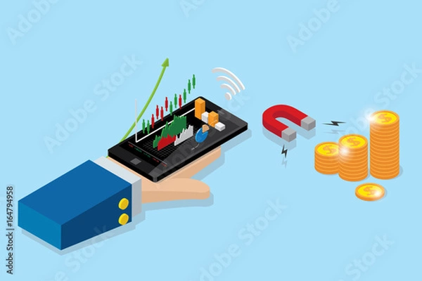 Fototapeta isometric business hand holding mobile phone with candlestick chart and horseshoe magnet to attracting coins stack, stock and business concept