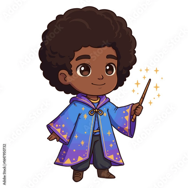 Fototapeta Cute black-skinned wizard, 3D Cartoon style illustration, White background