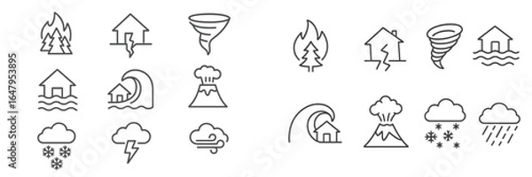 Fototapeta Collection of weather and natural disaster symbols illustrating various environmental phenomena and occurrences