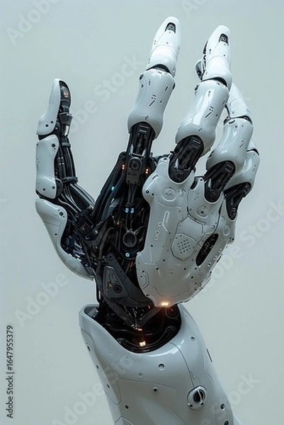 Fototapeta Robotic hand isolated on white background with various technologic systems