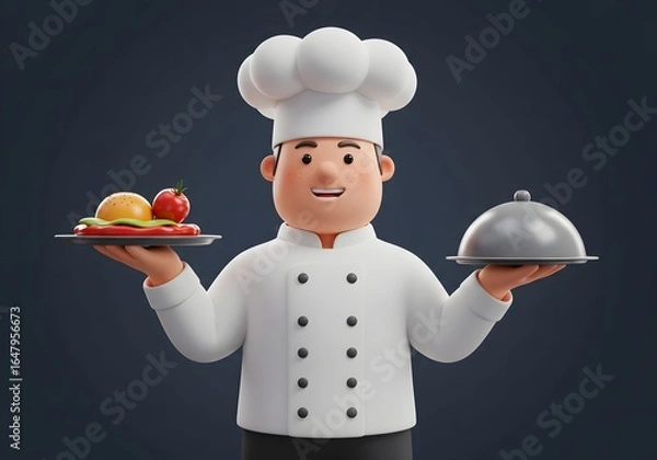 Fototapeta Cartoon Chef Character Holding Two Plates of Food, Ready to Serve Delicious Meals in a Studio Setting