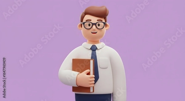 Fototapeta Engaging 3D illustration of a friendly professional man with glasses and a tie, holding a book, perfect for business, education, or financial consulting concepts