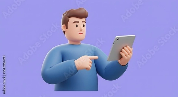 Fototapeta Cheerful 3D cartoon man actively engaging with a sleek digital tablet, pointing at the screen, symbolizing modern online interaction, remote work, or technology-enhanced learning experiences