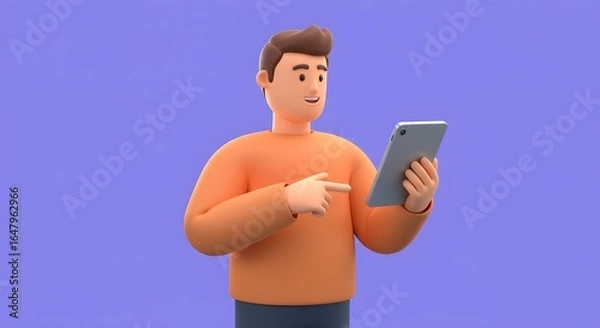 Fototapeta Friendly 3D rendered character actively interacts with a portable electronic tablet, demonstrating digital communication, learning, and online content consumption