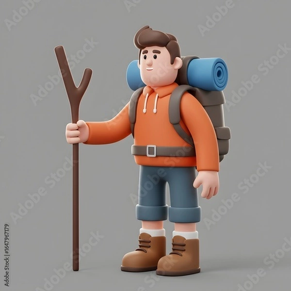 Fototapeta Friendly 3D cartoon character depicting a male hiker with backpack and walking stick, ready for an outdoor adventure, embodying travel and a spirit of exploration