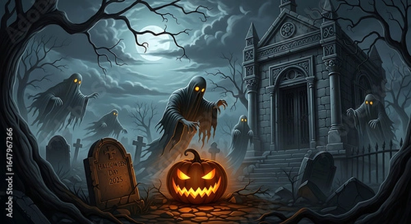 Obraz Spooky halloween scene with ghosts, pumpkin, and graveyard