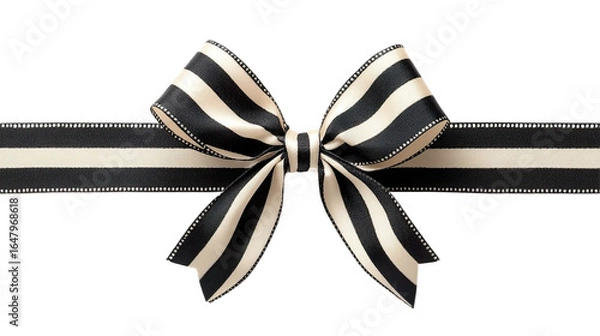Fototapeta Front view of a black and white striped ribbon and bow isolated on a white transparent background