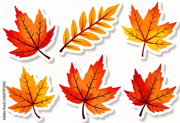 Fototapeta set of stickers with autumn leaves, white border, on a white background