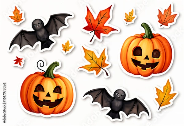 Fototapeta Halloween stickers set with autumn leaves, pumpkins, and bats, with white borders, on a white background
