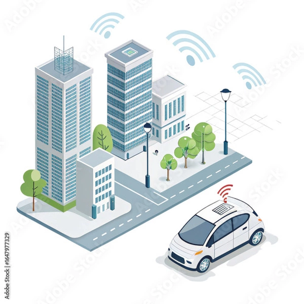Fototapeta Isometric Smart City with Self-Driving Car, Isolated on Transparent Background, Cityscape, Illustration, Smart city, Autonomous Vehicle, IoT