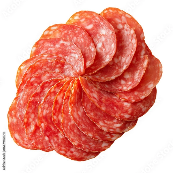 Fototapeta Thinly sliced salami arranged neatly isolated on a transparent background