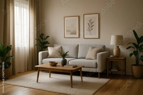 Fototapeta Cozy Living Room with Neutral Tones, Natural Light, and Minimalist Art Prints Creating a Calm and Inviting Atmosphere