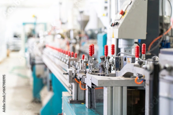 Fototapeta Industrial conveyor line plastic manufacturing automation factory machinery quality control sensors, extrusion and assembly, mass output efficiency, smart plant technology.