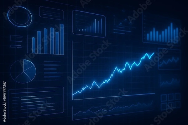 Fototapeta Futuristic glowing blue digital dashboard with interactive charts graphs and analytics showing upward growth trend for business financial and technology data visualization concepts