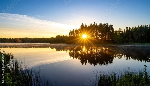 Fototapeta Lake Reflection at Sunrise with Sunburst Through Trees