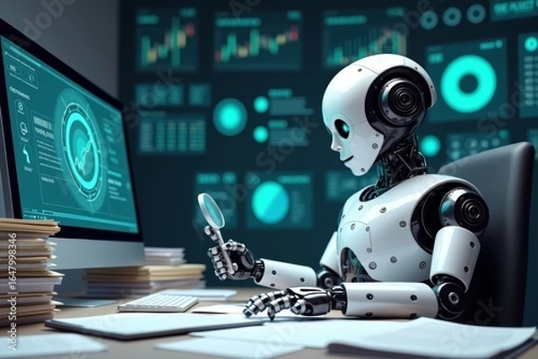 Fototapeta Futuristic AI Robot Analyzing Data and Conducting Tax Review Amidst Piles of Accounting Records