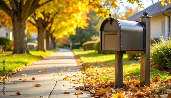 Fototapeta Mailbox on Autumn Street with Falling Leaves on Sidewalk