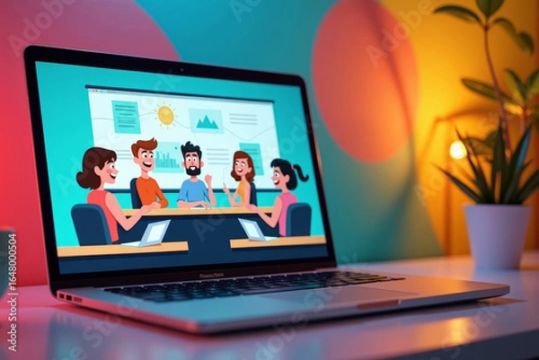 Fototapeta Virtual Classroom: Animated Characters in a Colorful E-Learning Session on Laptop Screen