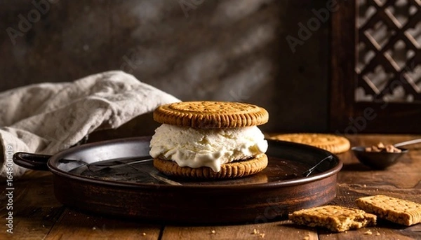 Fototapeta Making Ice Cream Sandwich with Cookies on Wooden Table