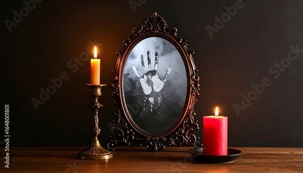 Fototapeta Mirror Reflection with Handprint and Candles on Table