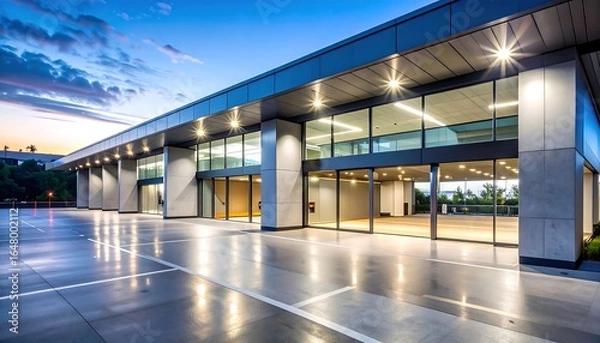 Fototapeta Modern Building Exterior with Glass Facade and Open Parking at Twilight